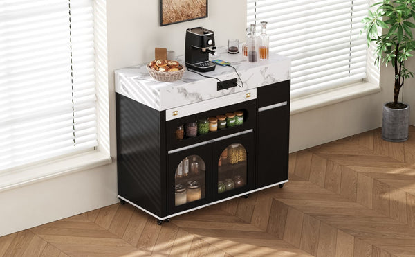 English Elm Trexm Rolling Kitchen Island Extendable Marble Top Cabinet Drawers Power Outlet Black,White Marble XW000029AAB