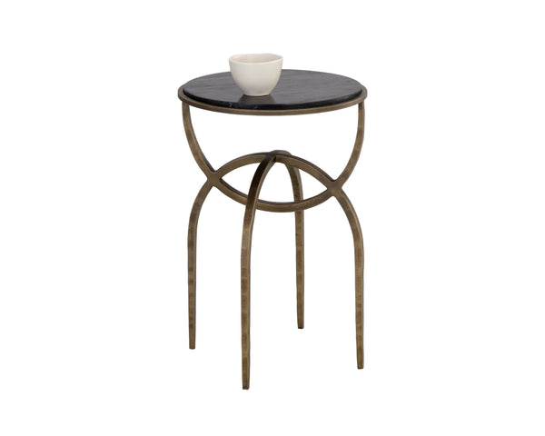 Sunpan Alicent End Table - Stunning Round Marble Top with Antique Brass Iron Base, Handcrafted Elegance Black Marble