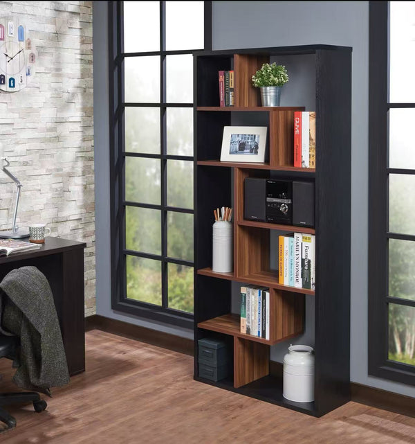 English Elm Mileta Modern Black & Walnut Bookcase – 9 Staggered Cubes, 5 Shelves, Veneer PB Frame, Versatile Display Storage B2726P395536