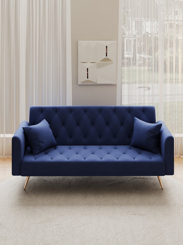 English Elm 71-inch Convertible Loveseat Sofa Bed in Blue Velvet with Gold Legs, 600LB Capacity, Compact Chic W165880950