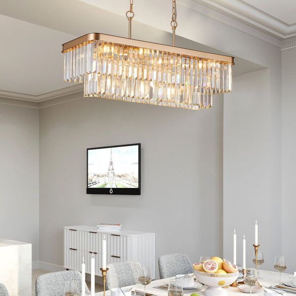 English Elm Chandeliers,Rectangular Crystal Chandelier Adjustable Modern Industrial Iron Frame Pendant Light for Kitchen Dining Room Bedroom PMID Gold W2312P368691