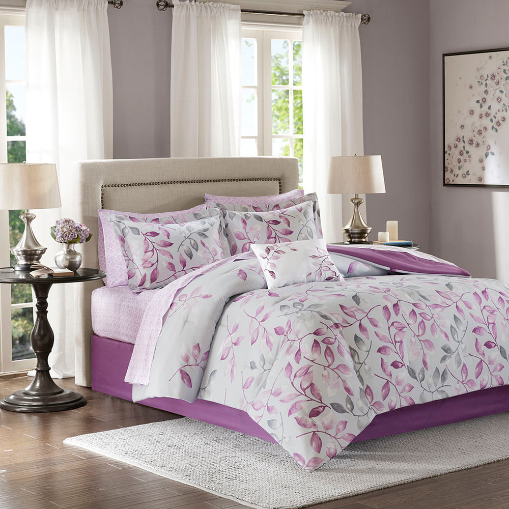 JLA Home Madison Park Essentials - 9 Madison Park Essentials Lafael 9-Piece Comforter Set with Cotton Sheets, Grey-Purple Leaves, OEKO-TEX Safe MPE10-380
