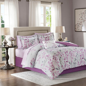 Madison Park Essentials Lafael Transitional 9 Piece Comforter Set with Cotton Bed Sheets MPE10-378 Purple