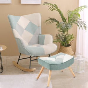 English Elm Rocking Chair With Ottoman - Cozy Mid-Century Patchwork Linen Rocker For Living Room & Bedroom Comfort W561P175990-GIGA