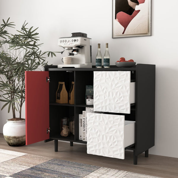 English Elm Sideboard Buffet Cabinet - Modern Black & Red Storage Solution With Unique Paneling For Home Decor W409P176588-GIGA