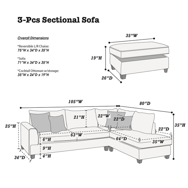 English Elm Beautiful 3-pcs Sectional Sofa with Reversible Chaise and Storage Ottoman Plush Summer Hues Comfort Steel Gray 76 L x 35 W x 16 H B011S01054