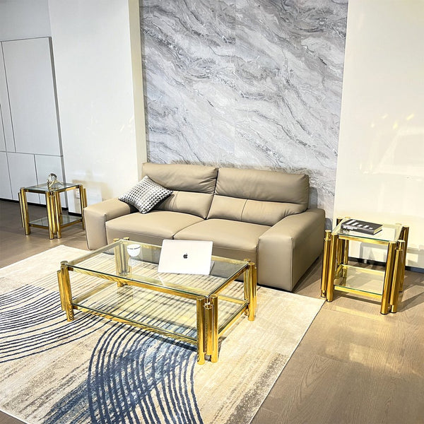 English Elm Modern 3-Piece Coffee Table Set With Double-Layer Tempered Glass & Gold Stainless Steel Finish W2978S00047