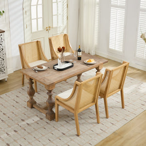 English Elm Rattan Solid Wood Dining Chair with Linen Seat and Decorative Armrests, Rustic Natural Finish Beige W1143P335052