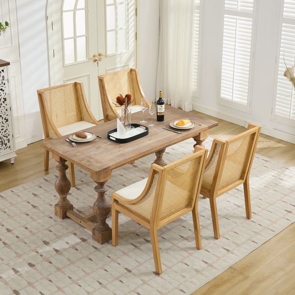 English Elm Rattan Solid Wood Dining Chair with Linen Seat and Decorative Armrests, Rustic Natural Finish Beige W1143P335052