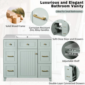 English Elm 36" Green Bathroom Vanity with Ceramic Sink, Gold Handles, Soft-Close Drawers & Adjustable Shelf N729P257304F