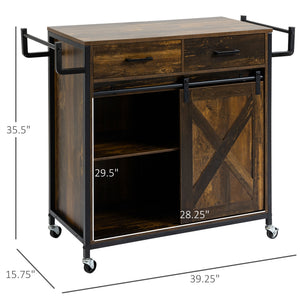 English Elm HOMCOM Rustic Brown Industrial Kitchen Cart with Rolling Wheels, Adjustable Shelf, Drawers & Barn Door Storage W2225P217417