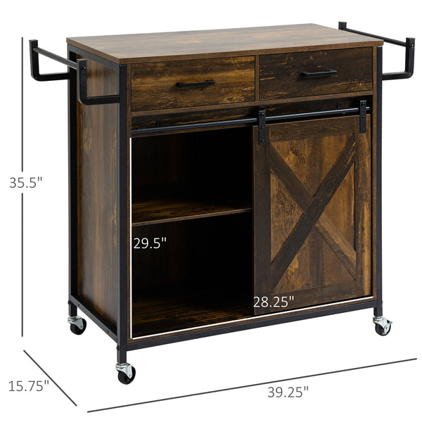 English Elm HOMCOM Rustic Brown Industrial Kitchen Cart with Rolling Wheels, Adjustable Shelf, Drawers & Barn Door Storage W2225P217417