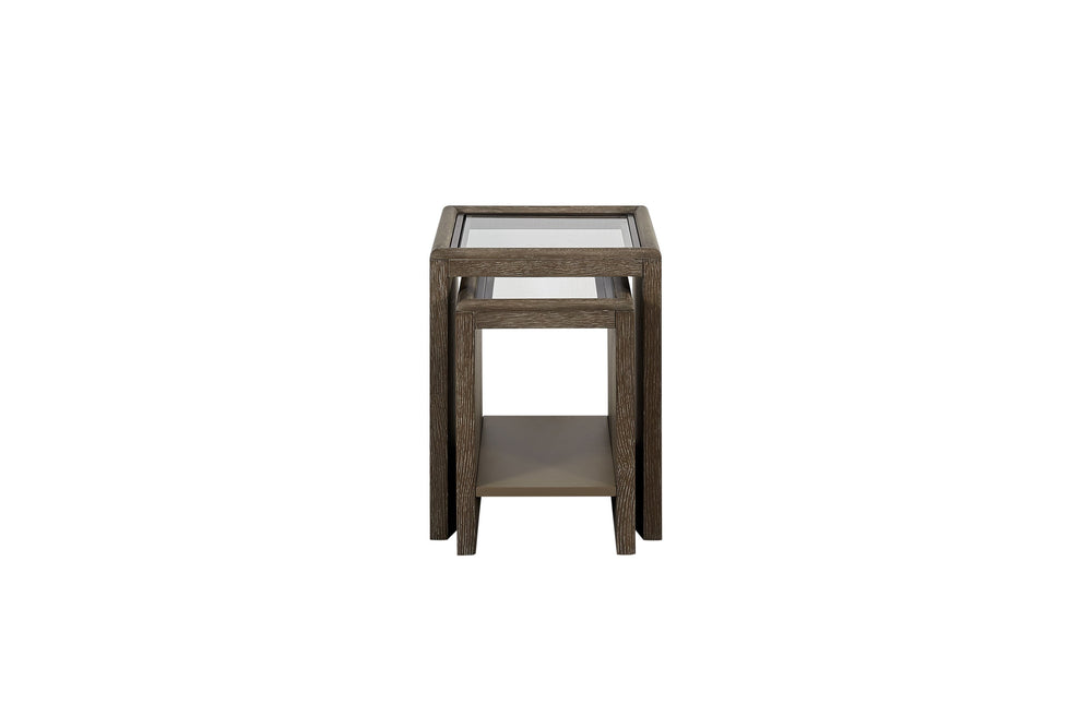 English Elm Nesting Tables with Tempered Glass Tops Cocoa – Space-Saving Rustic Wood Finish, Lower Shelf Storage B2699P323119