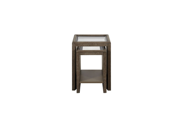 English Elm Nesting Tables with Tempered Glass Tops Cocoa – Space-Saving Rustic Wood Finish, Lower Shelf Storage B2699P323119