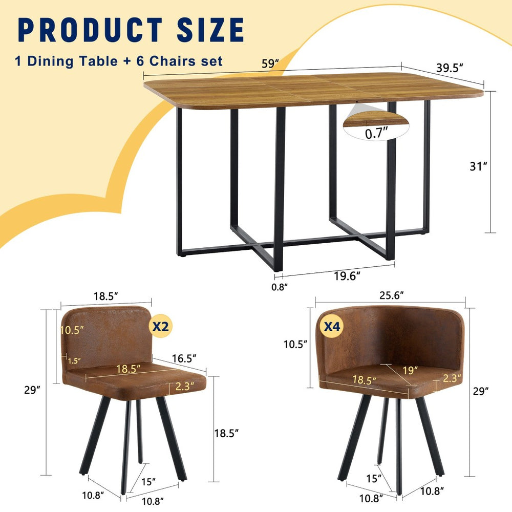 English Elm 7-piece Melamine Dining Set with Pu Cushioned Chairs and Black Iron Frame W3875S00015