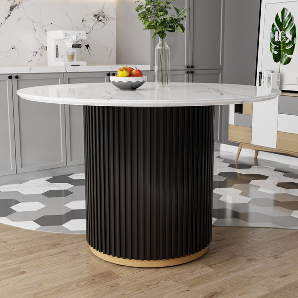 English Elm Modern Round Faux Marble Dining Table Set Seats Four Chenille Chairs Gold Accent W5739S00005