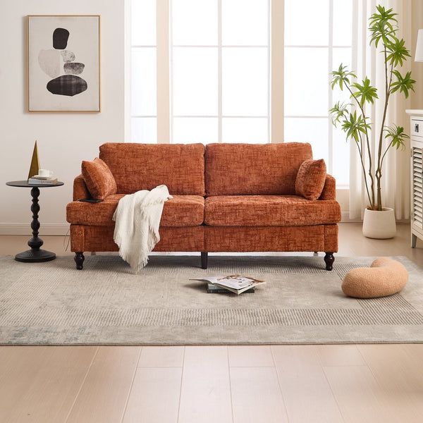 English Elm Modern chenille 2-seater sofa with LED lighting, USB charging, storage pocket, sturdy wood legs Orange W395P318543