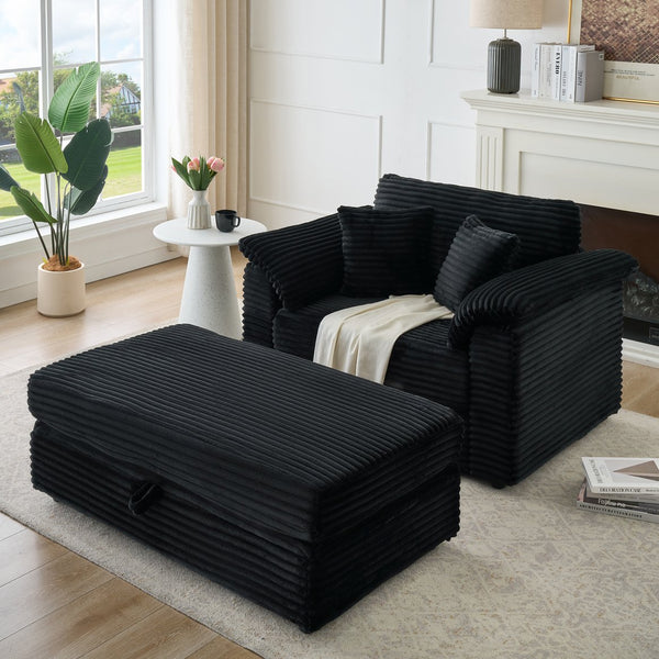 English Elm 47.24-inch corduroy armchair with storage ottoman and USB ports, spring seat, solid wood frame lounge Black W3356S00023