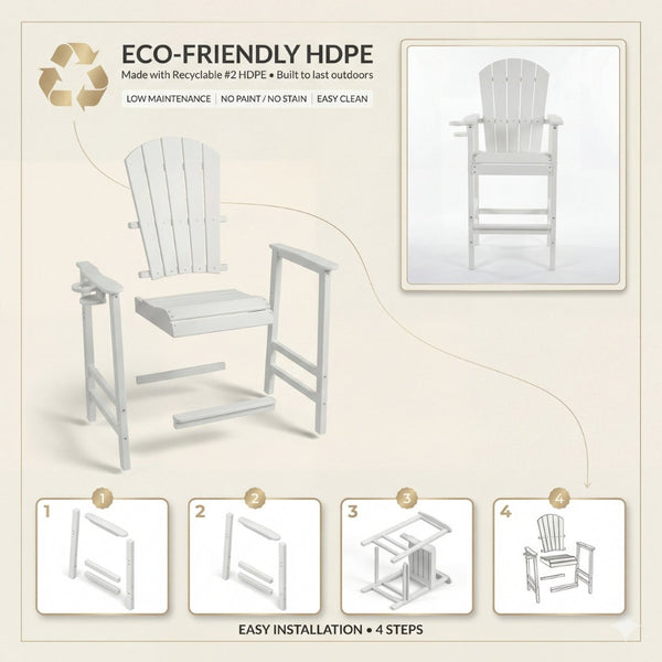 English Elm All-weather Hdpe Outdoor Bar Height Adirondack Chair with Armrests and Cup Holder White W3566P456544