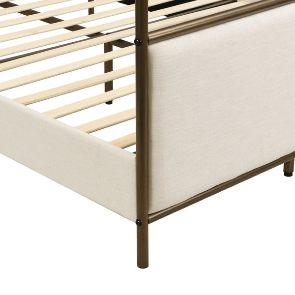 English Elm Queen Canopy Bed Linen Upholstered Iron Frame Open Silhouette Bedroom Focal Point N757Q343424I