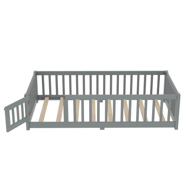 English Elm Twin Twin Size Floor Bed with Safety Guardrails and Playful Door for Kids, Pine/Plywood, Low Profile Gray W1580P338948