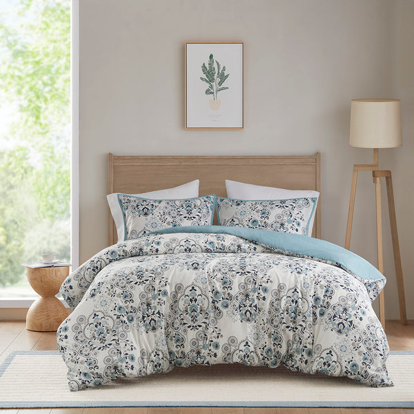 JLA Home Madison Park - 3 Piece Floral Cotton Duvet Cover Set — Breathable Blue, Navy & Taupe Botanical Print, Button Closure, OEKO-TEX MP12-8369
