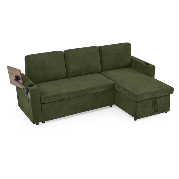 English Elm Modern Chenille Sofa Bed With Retractable Table, Led Lights, Usb Ports & Cup Holders – Green Comfort W1413S00097