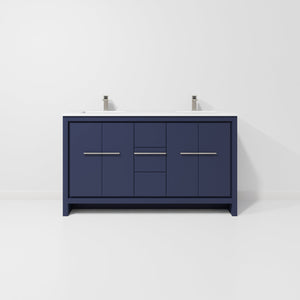 English Elm Navy Double Bath Vanity 60" W With White Quartz Top, Gun Metal Faucet & Ample Storage Solutions B2731P259441