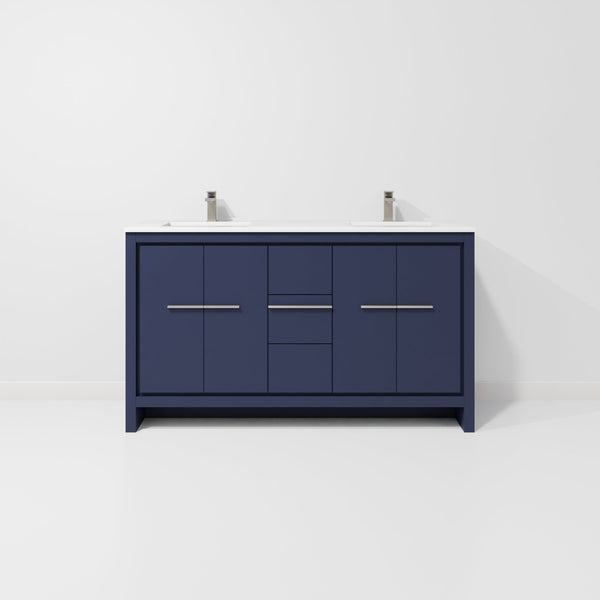 English Elm Navy Double Bath Vanity 60" W With White Quartz Top, Gun Metal Faucet & Ample Storage Solutions B2731P259441