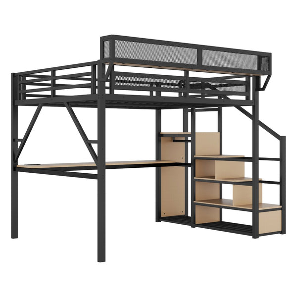 English Elm Queen Loft Bed With Integrated Desk, Wardrobe & Charging Station For Kids & Teens - Black Metal Style W2580S00044-GIGA