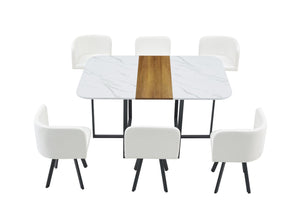 English Elm 7-piece Melamine Dining Set with Pu Cushioned Chairs and Iron Frame for Small Spaces W3875S00021