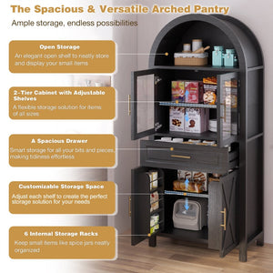 English Elm 71" Arched Glass Barn Door Pantry Cabinet Farmhouse Mdf Storage for Kitchen Dining Black W2917S00016