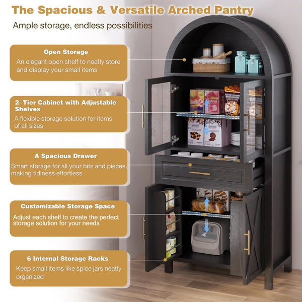 English Elm 71" Arched Glass Barn Door Pantry Cabinet Farmhouse Mdf Storage for Kitchen Dining Black W2917S00016