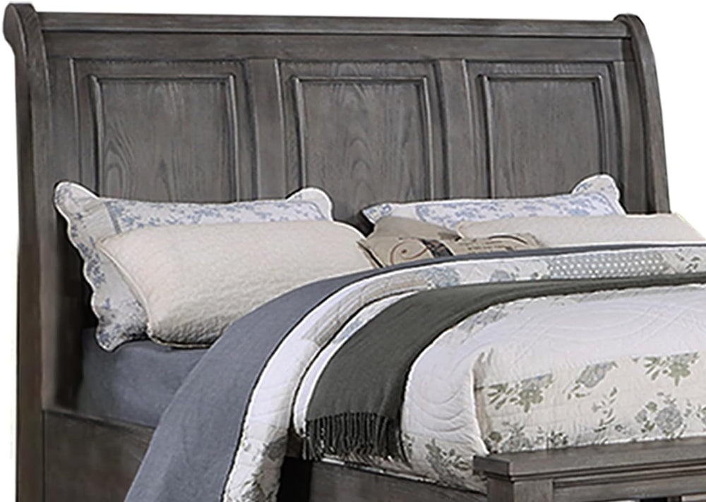 English Elm Eastern King Sleigh Bed with Underbed Storage Drawers Gray Vintage 3-Panel Headboard 94x81x57" B011S01401