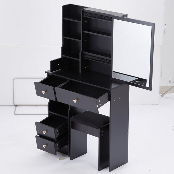 English Elm 29.2" Stylish Compact Desktop Vanity Set With Cushioned Stool & Extra-Large Sliding Mirror, Ideal For Small Spaces W936P226017