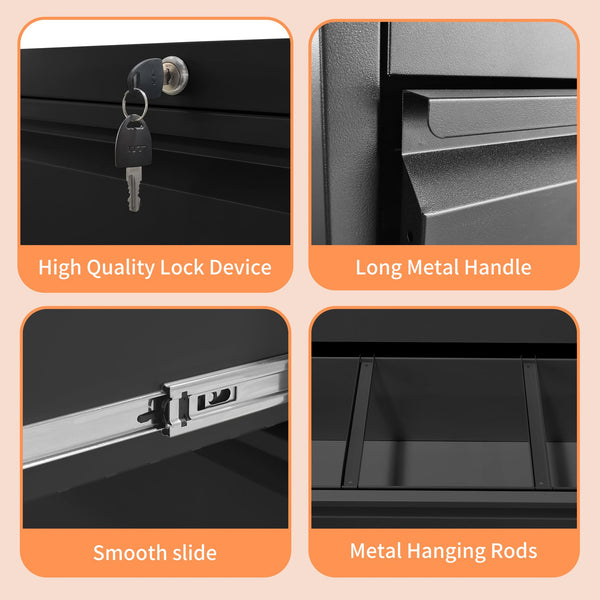 English Elm 5 Drawer Metal Lateral File Cabinet with Secure Locking System, Smooth Powder Coat, Quiet Ball-Bearing Slides for Heavy-Duty Legal and A4 Document Organization Black T2398P182180