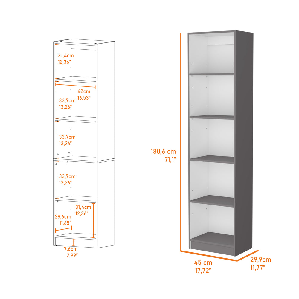 English Elm Sutton Slim 5-Shelf Bookcase in Matt Gray/White — Space-Saving Modern Storage, 71.1"H x 17.7"W x 11.7"D B128P176170