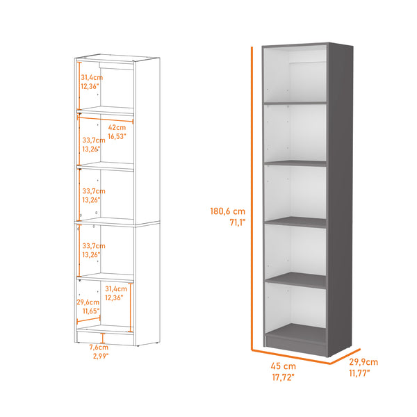 English Elm Sutton Slim 5-Shelf Bookcase in Matt Gray/White — Space-Saving Modern Storage, 71.1"H x 17.7"W x 11.7"D B128P176170