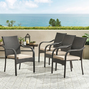English Elm Outdoor Wicker Patio Chair Set of Four Stackable Iron Frame with Cushions N769P334782A