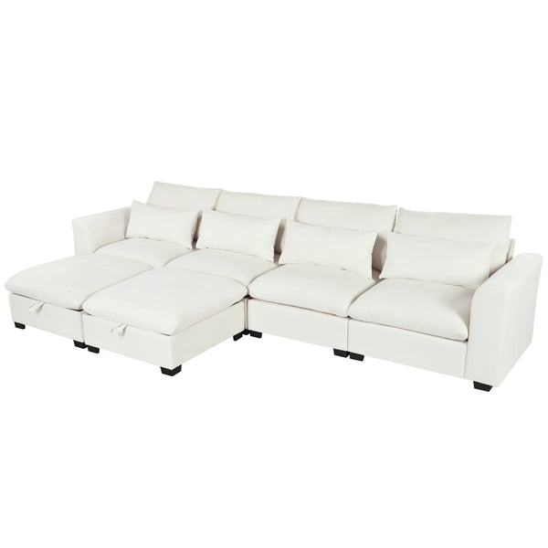 English Elm U_style Modular U-shaped Sectional Sofa Six Seat Linen Fabric with Storage Ottomans Beige WY000491AAA