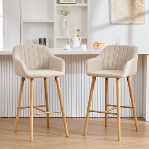 English Elm Modern Linen Upholstered Barstools with Oak Legs Armrests and Footrest for Kitchen Islands Beige W395P396313