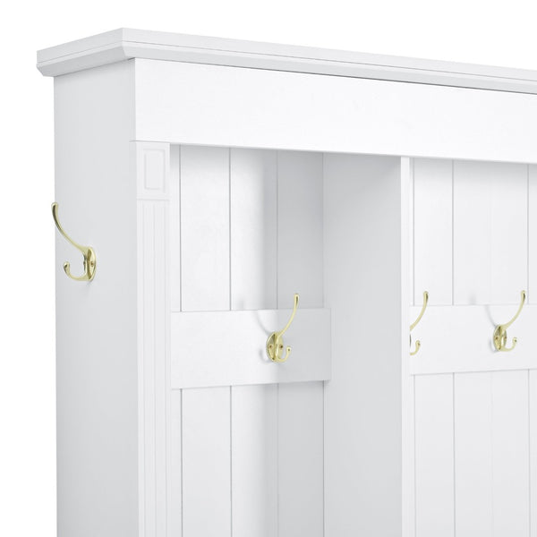 English Elm Farmhouse Hall Tree with Triple Arch Back Panel Eight Hooks Drawers and Entryway Bench White N721S000062K