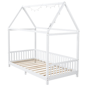 English Elm Wood Twin Size House Bed with Guardrail, Built-In LED Lights, Sturdy Pine Frame for Safe Sleep N709P177522K