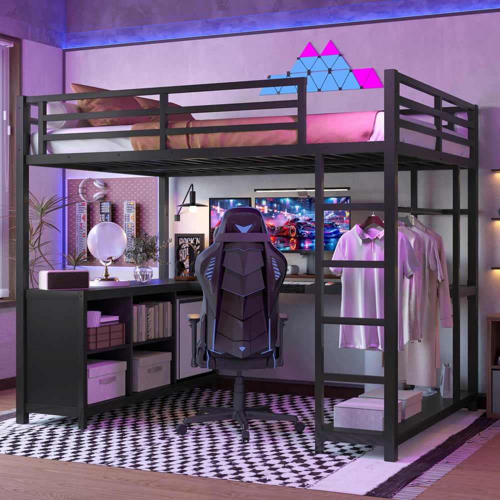 English Elm Metal Loft Bed With Integrated Desk, Storage Shelves & Wardrobe – Space-Saving Solution For All Ages W1580S00117