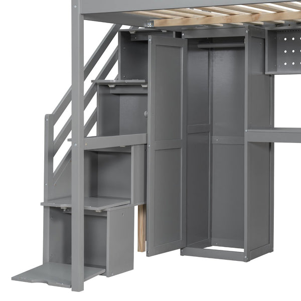 English Elm Full Loft Bed with Integrated Wardrobe Desk Shelving and Led Lighting for Teen Rooms Grey LT000927AAE