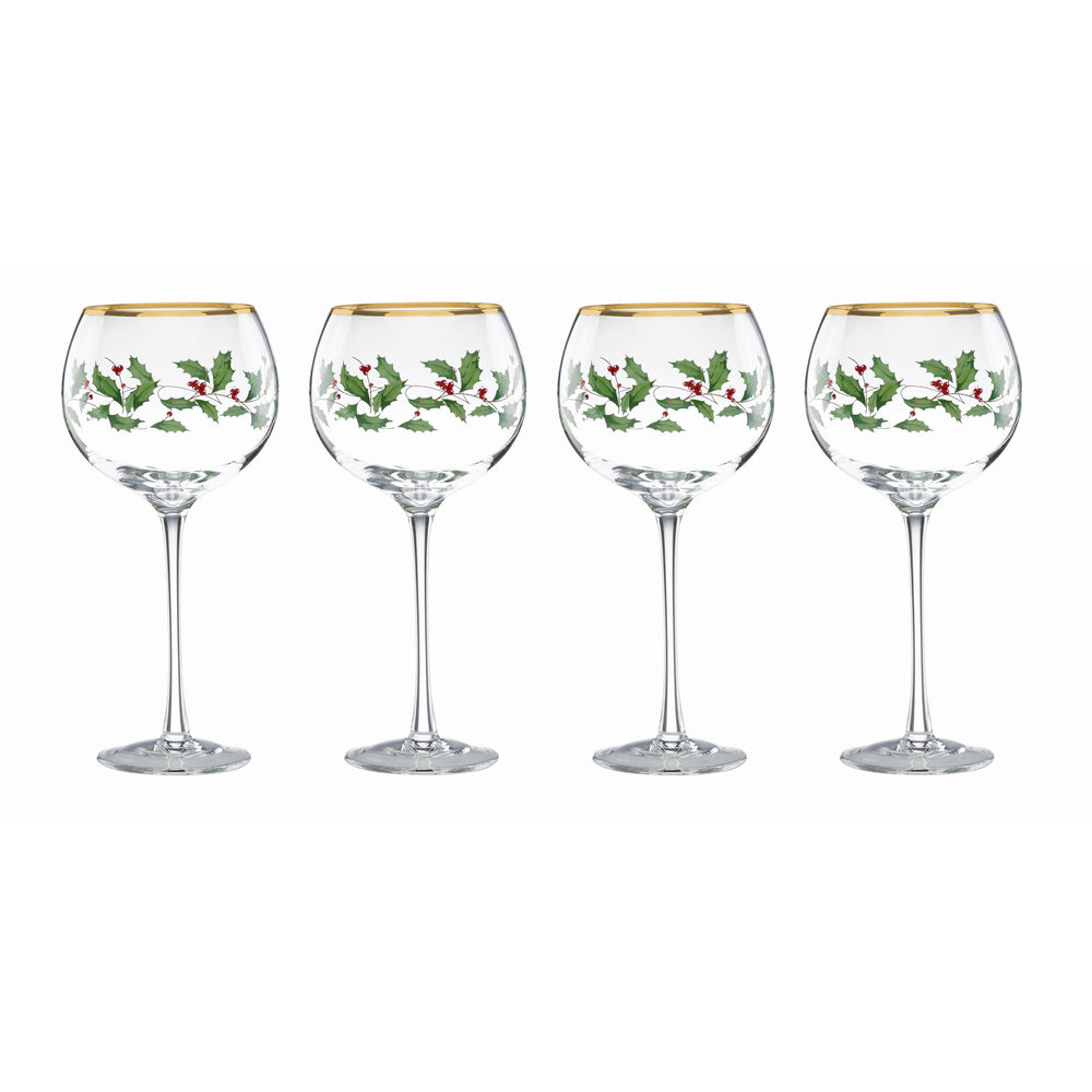 Lenox Holiday Holly Berry Balloon Wine Glasses with 24k Gold Accents Festive Set of 4 856101