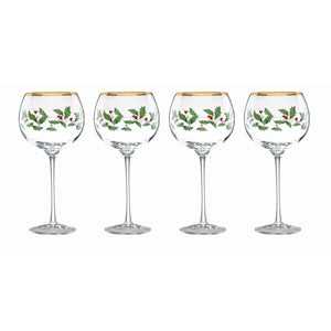 Lenox Holiday Holly Berry Balloon Wine Glasses with 24k Gold Accents Festive Set of 4 856101