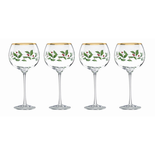 Lenox Holiday Holly Berry Balloon Wine Glasses with 24k Gold Accents Festive Set of 4 856101
