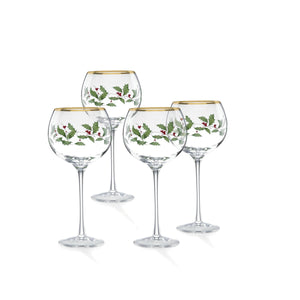 Lenox Holiday Holly Berry Balloon Wine Glasses with 24k Gold Accents Festive Set of 4 856101