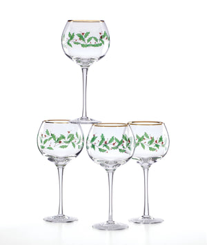 Lenox Holiday Holly Berry Balloon Wine Glasses with 24k Gold Accents Festive Set of 4 856101